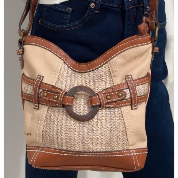 B.O.C. Born Concept Brown Vinyl & Woven Straw Scoop Tulip Crossbody Bag - Picture 1 of 10